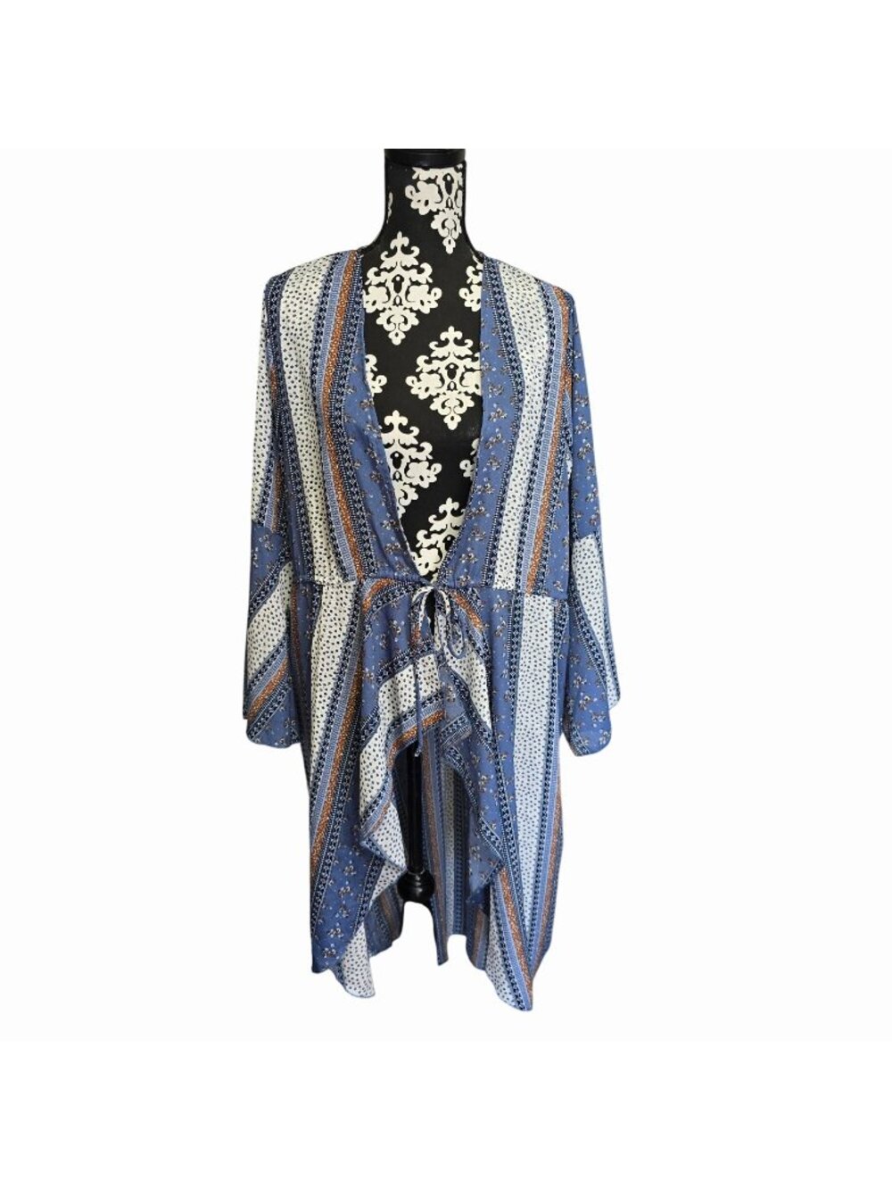 Almost Famous 1X Duster Kimono Cardigan Blue Boho Stripe Floral Western Festival